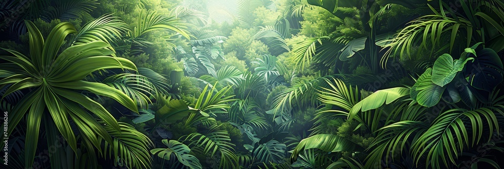 Lush jungle landscape with tropical leaves.