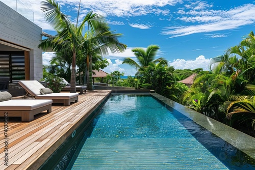 Wooden deck beside a serene swimming pool Epitomizing relaxation and luxury in a private outdoor setting © Bijac