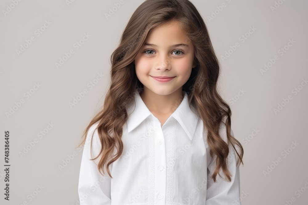 Portrait of a beautiful little girl in a white shirt on a gray background Portrait of a beautiful little girl in a white shirt on a gray background