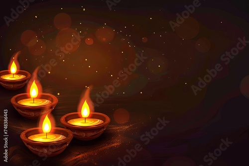 Diwali festival of lights illustration Featuring traditional diya oil lamps against a dark backdrop Celebrating cultural heritage and spiritual illumination.