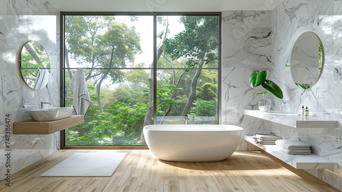 Spacious and bright bathroom with large window and parquet flooring. © kosoff