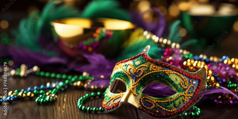 Mysterious Masquerade: Venetian Carnival Party in a Festive Celebration of Tradition and Fantasy, with Decorative Masks and Vibrant Colored Costumes on a Background of Gold and Purple, Bringing