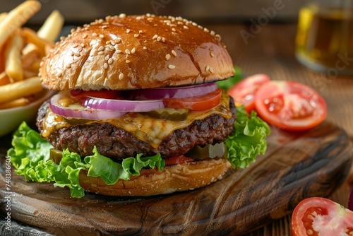 Gourmet cheeseburger with fresh ingredients