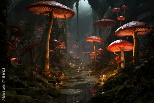 Mystical Mushroom rain forest. Fungi autumn. Generate Ai