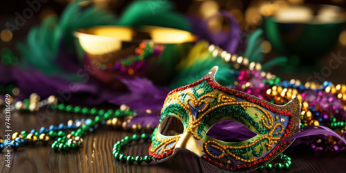 Mysterious Masquerade: Venetian Carnival Party in a Festive Celebration of Tradition and Fantasy, with Decorative Masks and Vibrant Colored Costumes on a Background of Gold and Purple, Bringing