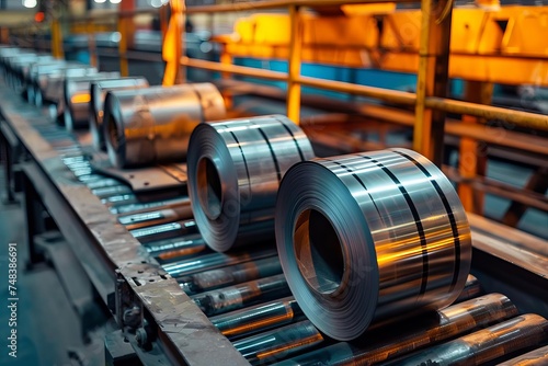 Industrial steel coils in a manufacturing plant Precision and strength in production photo