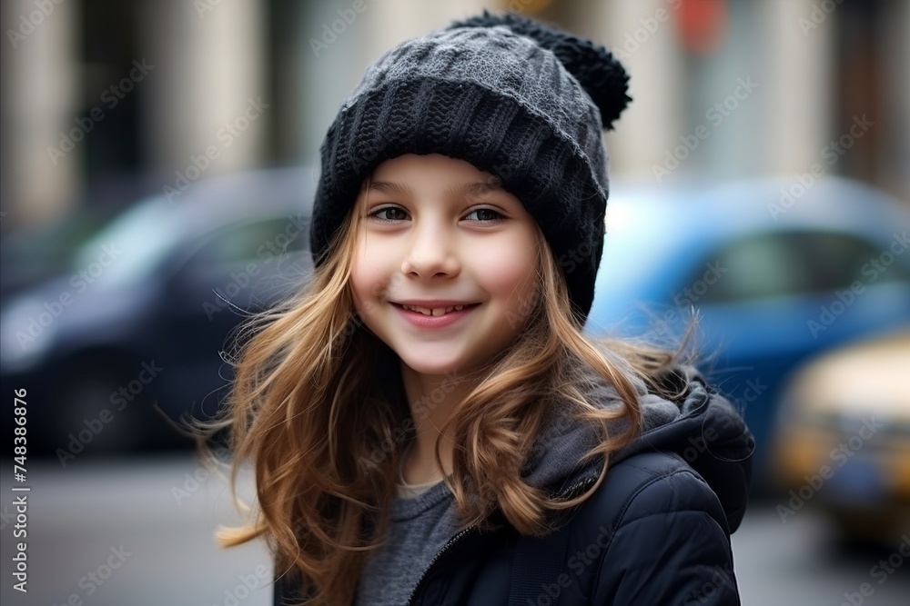 Portrait of a cute little girl in a hat and coat on the street Portrait of a cute little girl in a hat and coat on the street