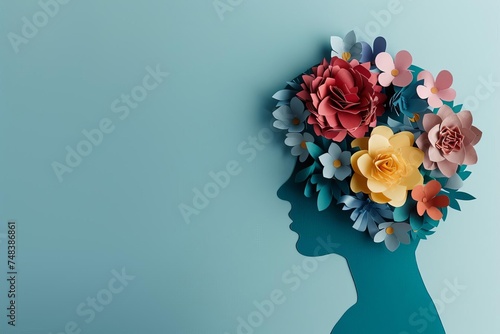 Paper head with brain flowers Mental wellness