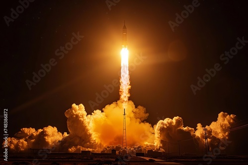 Rocket launching into the night sky Symbolizing exploration and the quest for knowledge through space missions. this image captures the ambition and wonder of space travel.