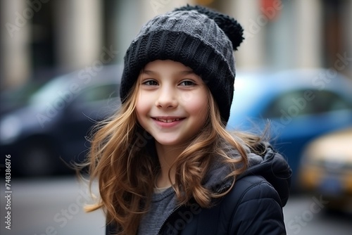 Portrait of a cute little girl in a hat and coat on the street © Inigo