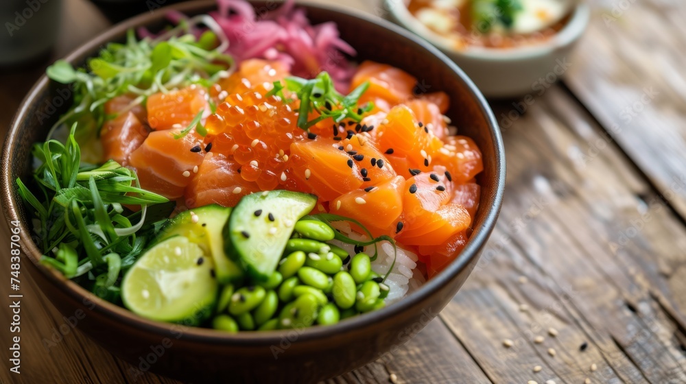 Fresh salmon poke bowl with various toppings generative ai