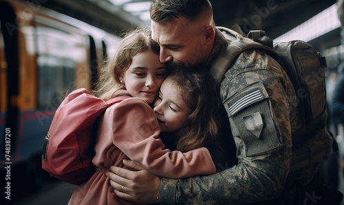 Smiling young girl hugging her father on the porch of their home. 