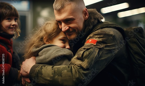 Smiling young girl hugging her father on the porch of their home. 