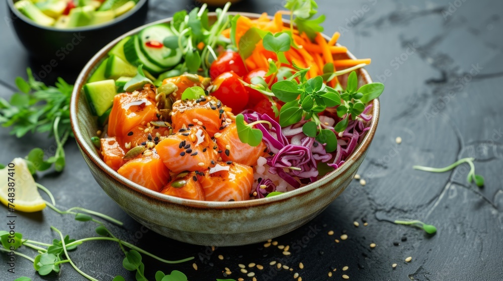 Fresh salmon poke bowl with various toppings generative ai Fresh salmon poke bowl with various toppings generative ai