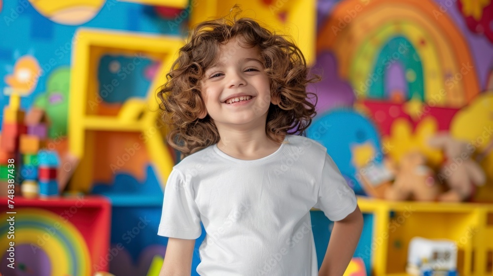 smiling boy wearing dinosaur themed shirt with colorful background at school smiling boy wearing dinosaur themed shirt with colorful background at school