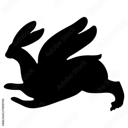 Running funny winged hare or rabbit. Antique ethnic animal design. Ancient Greek or Roman vase painting style. Black silhouette on white background.