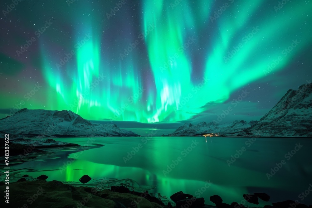 Naklejka premium Step into a world of celestial enchantment with a brilliant aurora borealis sky, where vibrant colors illuminate the heavens in a breathtaking display of natural beauty and cosmic wonder.