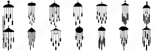 Windchime bell silhouettes set, large pack of vector silhouette design, isolated white background photo