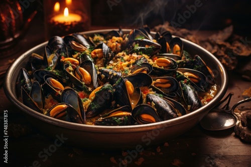 Fragrant Mussels boiled restaurant. Cuisine dish. Generate AI