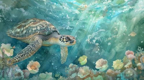 illustration of sea turtles swimming in crystal clear water generative ai © Francheska