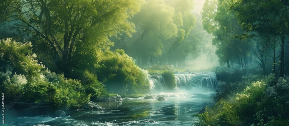 Fototapeta premium A depiction of a river meandering through a lush green forest, capturing the harmonious interaction between water and trees. The painting showcases the dynamic movement of the river cutting through