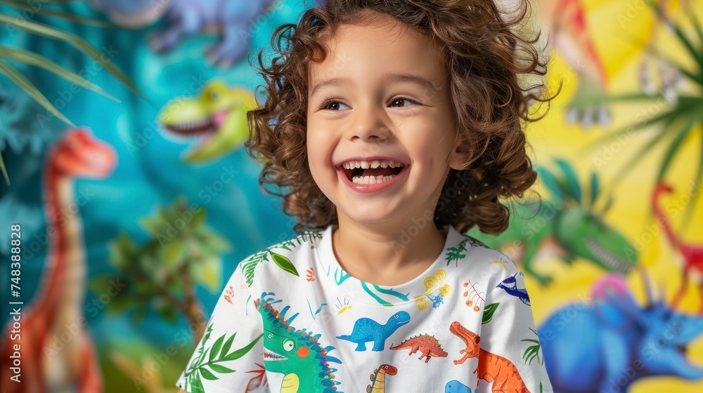 smiling boy wearing dinosaur themed shirt with colorful background at school or day recess smiling boy wearing dinosaur themed shirt with colorful background at school or day recess