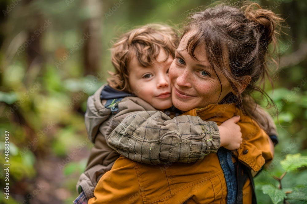 Loving Mother Embracing Her Young Son in a Scenic Forest, Displaying Affection and Maternal Bond in Nature Loving Mother Embracing Her Young Son in a Scenic Forest, Displaying Affection and Maternal Bond in Nature
