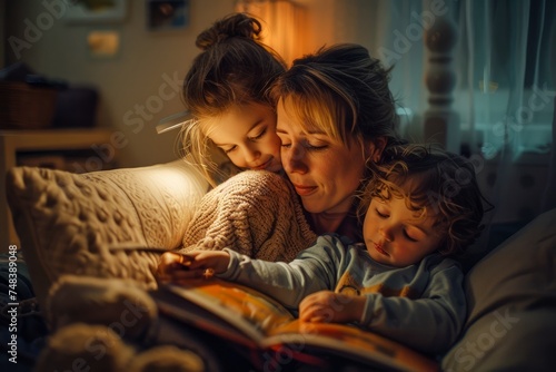Loving Mother Reading Bedtime Story to Children at Home, Cozy Family Moment with Kids in Night Light Setting