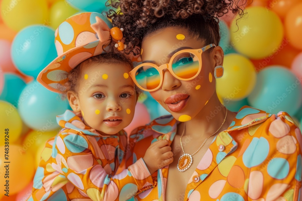 Cheerful Mother and Daughter Wearing Matching Outfits and Accessories Posing with Colorful Balloons Background Cheerful Mother and Daughter Wearing Matching Outfits and Accessories Posing with Colorful Balloons Background