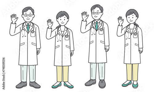 片手を上げる医師と看護師男女