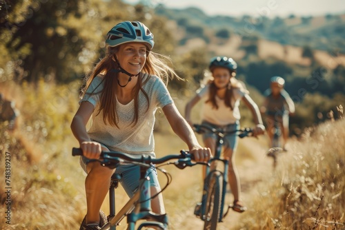 Joyful Group of Friends Mountain Biking in Sunny Countryside - Active Lifestyle, Outdoor Adventure, Cycling Sport Concept © pisan