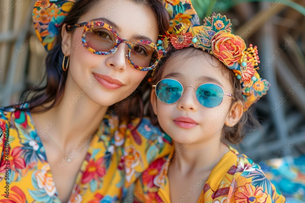 Mother and Daughter Wearing Matching Floral Dresses and Sunglasses Posing Together