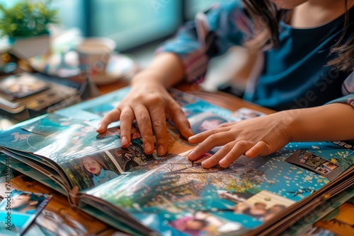 Close-up of Female Hands Browsing Through Colorful Photo Album Indoors with Vivid Imagery and Detail photo