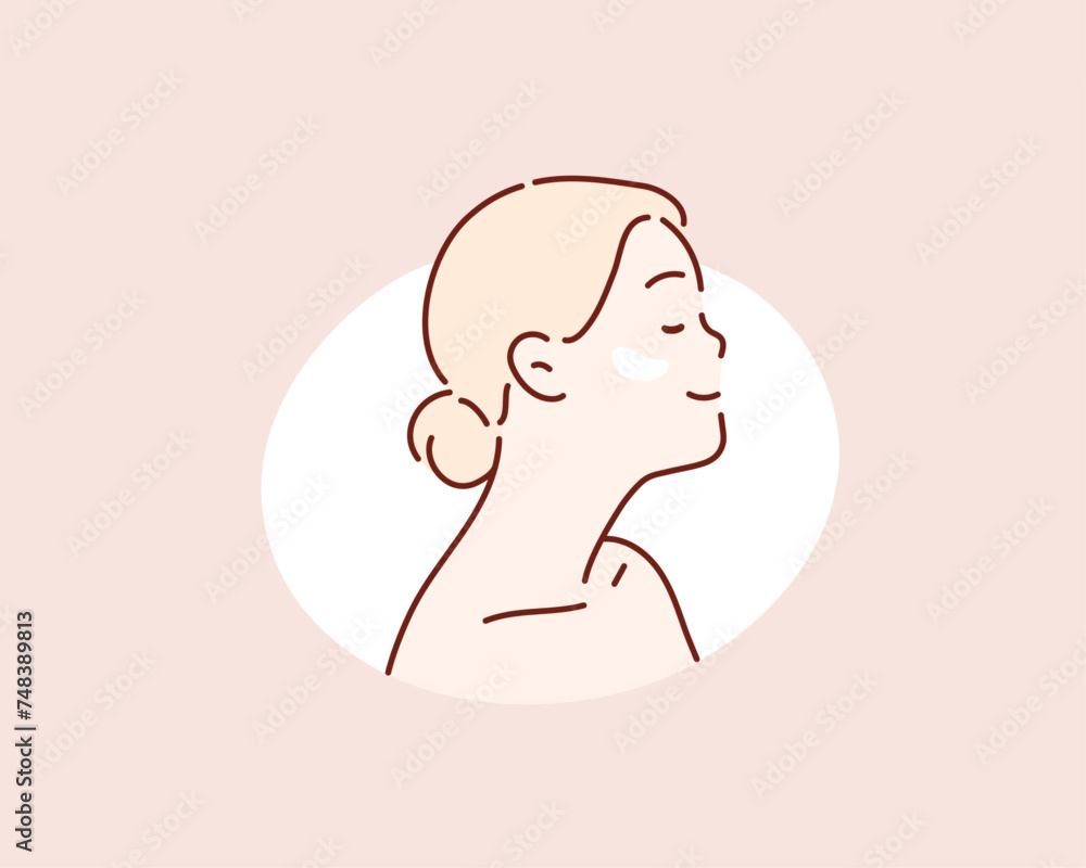 Side view of beautiful woman with cream on her cheek looking at something. Hand drawn style vector design illustrations.