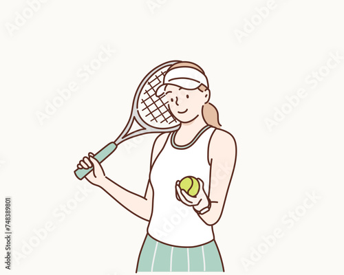 Young woman playing tennis. Hand drawn style vector design illustrations.