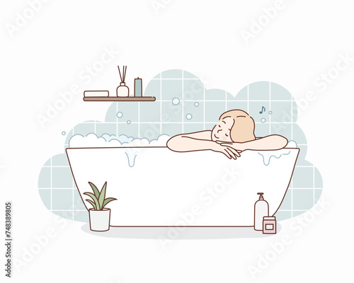  Woman sitting in bathtub with bubble water for relaxation. Hand drawn style vector design illustrations.