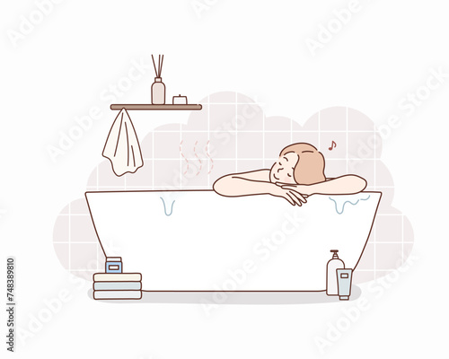  Woman sitting in bathtub with bubble water for relaxation. Hand drawn style vector design illustrations.