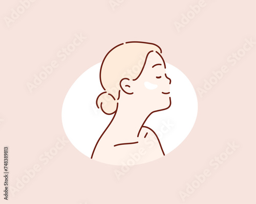 Side view of beautiful woman with cream on her cheek looking at something. Hand drawn style vector design illustrations.