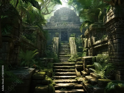 a set of steps leading to a temple in a jungle