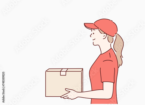 Delivery courer character woman with package parcel box. Hand drawn style vector design illustrations.