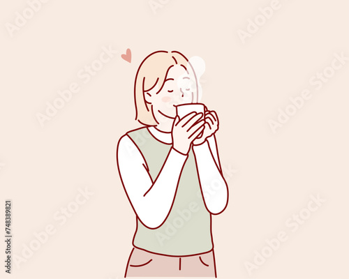 Young woman holding a hot cup of coffee. Hand drawn style vector design illustrations.