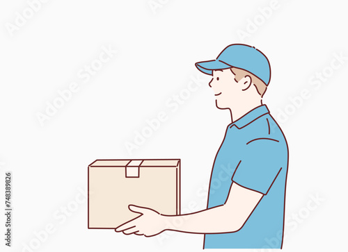 Delivery courer character man with package parcel box. Hand drawn style vector design illustrations.