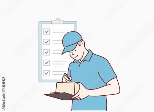Delivery Service Worker Crossing Out Address From Check List, Smiling Courier Delivering Packages. Hand drawn style vector design illustrations.