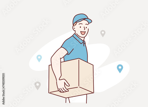 Delivery courer character man with package parcel box. Hand drawn style vector design illustrations.