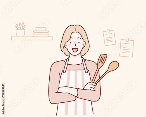 Woman holding kitchen utensils. Hand drawn style vector design illustrations.