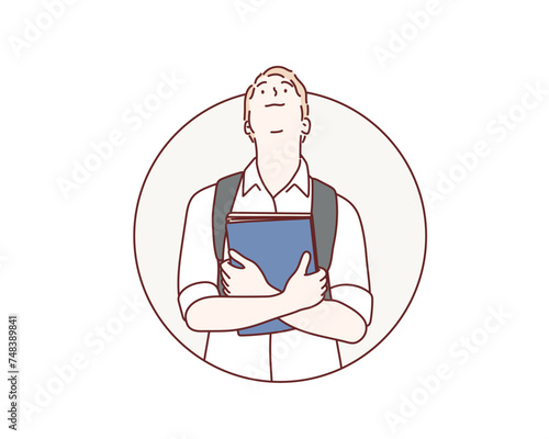 Young male student  over isolated white wall looking up while smiling. Hand drawn style vector design illustrations.