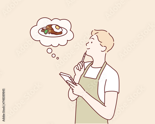 man thinking at kitchen. Hamburger. Hand drawn style vector design illustrations.