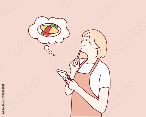 woman thinking at kitchen. Japanese Dressed Omu-Rice. Hand drawn style vector design illustrations.