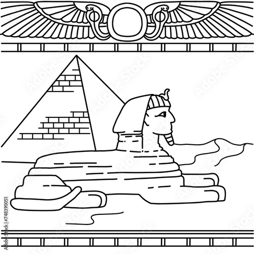 The Great Sphinx of Giza statue. Ancient Egypt mythical creature. Coloring page for kids. Learning history, culture, mythology with fun. Black and white vector illustration.