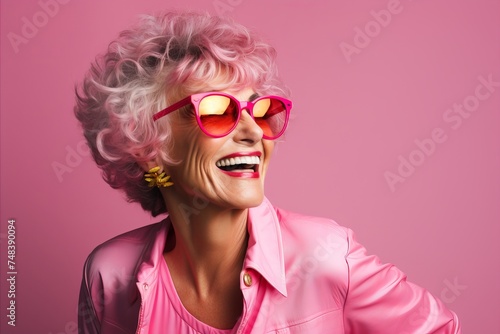 Portrait of happy senior woman with pink hair and sunglasses on pink background